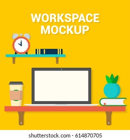 Workspace with blank screen. Laptop, coffee cup, book, clock and plant in flat design style. Vector mockup