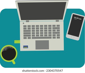 Workspace with blue mat and hot coffe