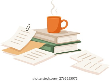 Workspace with books, documents and coffee cup, representing study, paperwork, desk organization and productive work environment.