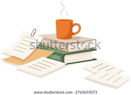 Workspace with books, documents and coffee cup, representing study, paperwork, desk organization and productive work environment.