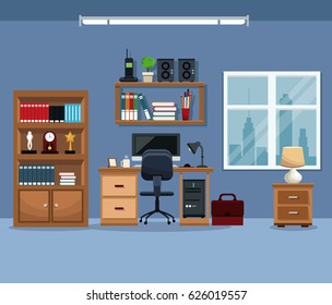 workspace bookshelf desk chair stereo telephone lamp window