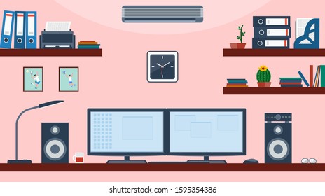 Workspace for business. Creative office space vector with display on the table - workspace layout template.