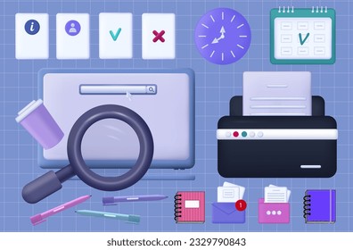 Espacio de trabajo, icono de negocio 3d.  Lugar de trabajo de un trabajador independiente o empleado. Tablet, smartphone, documentos en carpetas, bloc de notas e impresora. Conjunto vectorial de elementos de oficina, papel. Conjunto de negocios 3d.