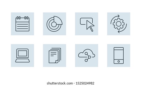 Workspace Business Outline Flat Icons Calendar Pie Chart Cross Diagram Chart Histogram Bag Aaa Bank Building Skyscraper Pc Laptop Mac Paper People Data Numbers Report Cloud Phone Button World Wifi