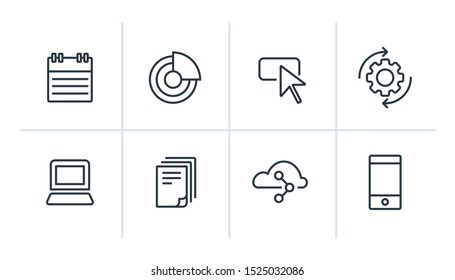 Workspace business outline white icons calendar pie chart diagram chart histogram bag bank building skyscraper pc laptop Mac paper people data numbers report cloud phone button sheets intelligence pin