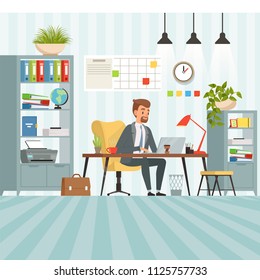 Workspace of busy businessman. Boss or company manager sitting at table. Businessman manager in office, business boss busy on workspace illustration vector