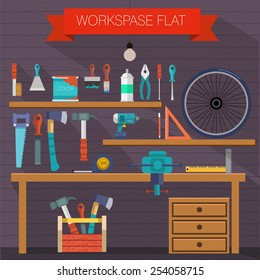 Workspace carpenter tools trendy flat icon, on wood background vector stock