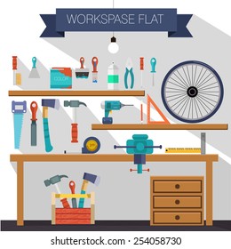 Workspace carpenter tools trendy flat icon, on wood background vector stock