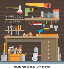 Workspace carpenter tools trendy flat icon, on wood background 