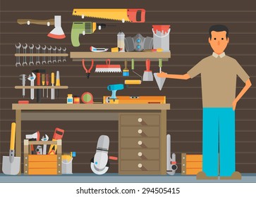 Workspace carpenter tools trendy flat icon, on wood background