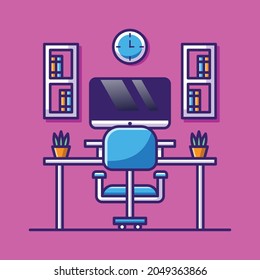 Workspace Cartoon Illustration Computer With Monitor Clock Plant And Book On Table