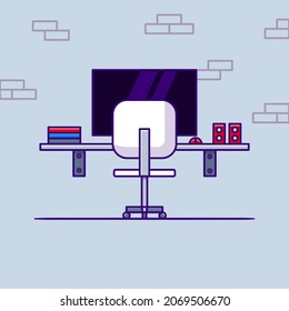 Workspace cartoon style illustration. Table, monitor, mouse, chair, book and Speaker illustration 
