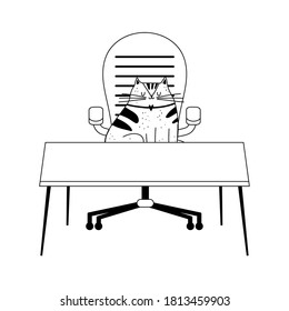 workspace cat on chair and desk isolated icon line style vector illustration