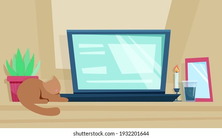 workspace. The cat is at the table. vector illustration in flat style