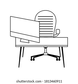 workspace chair desk and pc screen isolated icon line style vector illustration