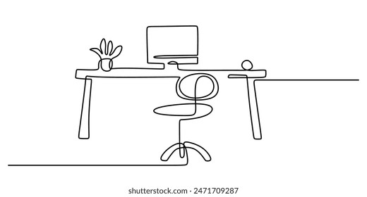 Espacio de trabajo con silla, portátil, mesa, mesa y planta de dibujo de línea continua. Concepto de Espacio de trabajo. Ilustración vectorial diseño minimalista dibujado a mano.