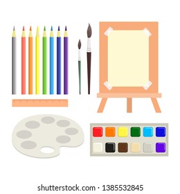 Workspace for children's art and drawing creativity - pencils, aquarel paints, paper, easel, palette, ruler, and brushes.