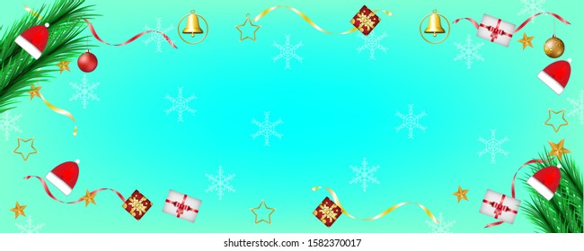 Workspace christmas and new year celebration with santa hat, star, pine leaf, gift box, bell, ball, ribbon, snowflakes on blue backgournd