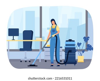 Workspace cleanup vector concept. Cleaning company employee in uniform working with equipment and vacuuming floor in office. Professional worker providing service vector illustration