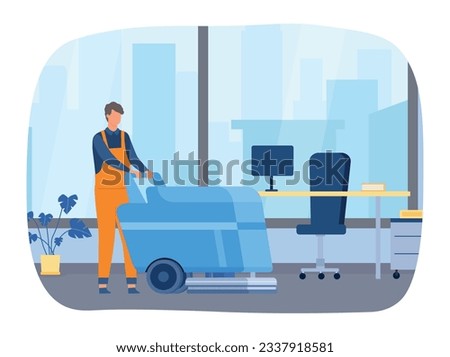 Workspace cleanup vector concept. Woman in uniform from cleaning company working with machinery to wash floor. Equipment for office, professional cartoon worker providing service vector