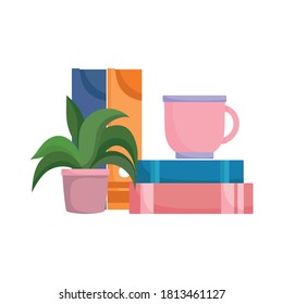 workspace coffee cup books binders and plant isolated design white background vector illustration