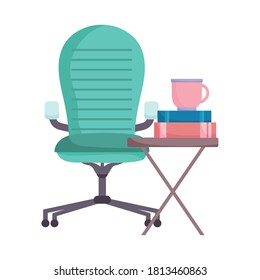 workspace coffee cup books and chair isolated design white background vector illustration