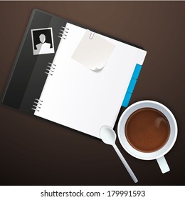 Workspace with coffee cup, instant photos, note paper and notebook on old wooden table 