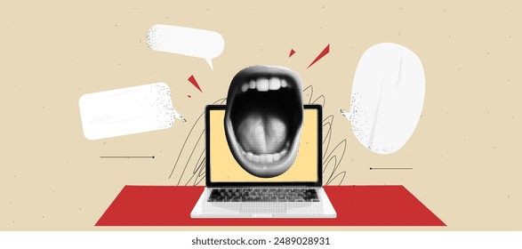 Workspace collage background with laptop and a scream mouth and speech bubbles. Retro beige and red colors. Dynamic cover. Vector tredny popart grunge illustration with scribble and dust paper bg. 