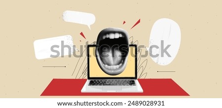 Workspace collage background with laptop and a scream mouth and speech bubbles. Retro beige and red colors. Dynamic cover. Vector tredny popart grunge illustration with scribble and dust paper bg. 