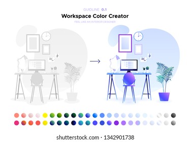 Workspace Color Creator. Flat simple style. Home or office interior in the latest trends illustration. Blank in neutral colors for any coloring. For design of the website, brochure, posters. Vector.