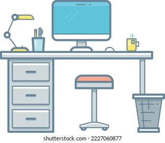 Workspace color icon. Desktop with computer and coffee cup