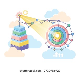 Espacio de trabajo con bloques de colores apilados en patrón, con haz de luz que brilla en el blanco circular. Engranajes y nubes que rodean la escena, indicando acción y enfoque