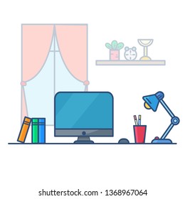 Workspace with computer, books, cup of pencils, desk lamp in room. Isolated on white. Сartoon style  in vector illustration.