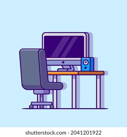 Workspace With Computer Cartoon Vector Icon Illustration. Technology Object Icon Concept Isolated Premium Vector. Flat Cartoon Style
