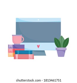 workspace computer coffee cup books and plant isolated design white background vector illustration