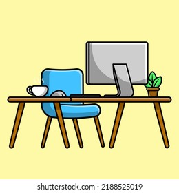 Workspace Computer With Coffee And Plant Cartoon Vector Icon Illustration. Workplace Technology Flat Cartoon Concept