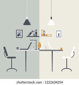 Workspace with computer and cup of coffee. Design of modern home office.Office or home furniture in interior. Flat vector illustration.