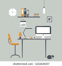 Workspace with computer and cup of coffee. Design of modern home office.Office or home furniture in interior. Flat vector illustration.