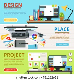 Workspace for computer designers and graphic artists . Horizontal banners with place for your text. Collection of place for design and work with project illustration