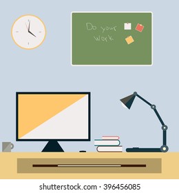 Workspace. Computer desk with lamp, books and cup. Flat style design concept of creative office workspace