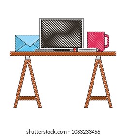 workspace computer envelope pencil and coffee cup