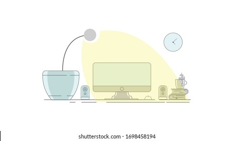 Workspace, computer, lamp in the form of a pot