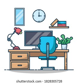 Workspace Computer With Lamp and plant Vector Illustration. Workplace Technology Icon Concept Isolated on white background. Flat Style.
