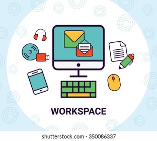 Workspace with computer monitor, keyboard, headphones, mouse, phone, disk, flash drive and pen for user, designer or programmer