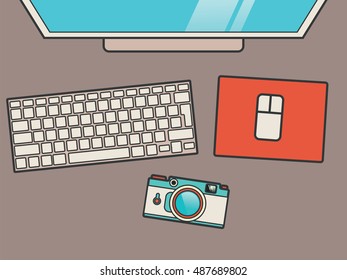 Workspace with computer mose, keyboard and photo camera. Vector illustration