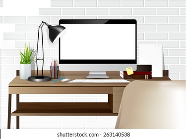 workspace with computer on home or studio vector