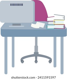 Workspace with computer and pile of books on a desk. Office setup with digital monitor and reading material. Workplace organization and study concept vector illustration.