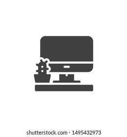 Workspace with computer and plant vector icon. filled flat sign for mobile concept and web design. Computer desk, workplace glyph icon. Symbol, logo illustration. Vector graphics