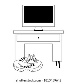 workspace computer screen desk and cat in bed isolated icon line style vector illustration
