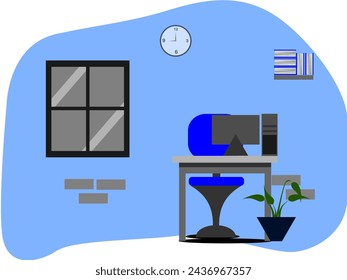 workspace with computer, stationery and plants on wooden table. Flat vector cartoon at work with monitor and CPU on desk